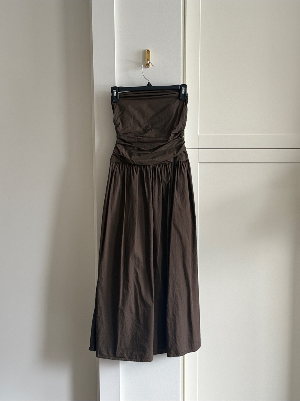 Strapless Brown Gathered-Bodice Midi Dress